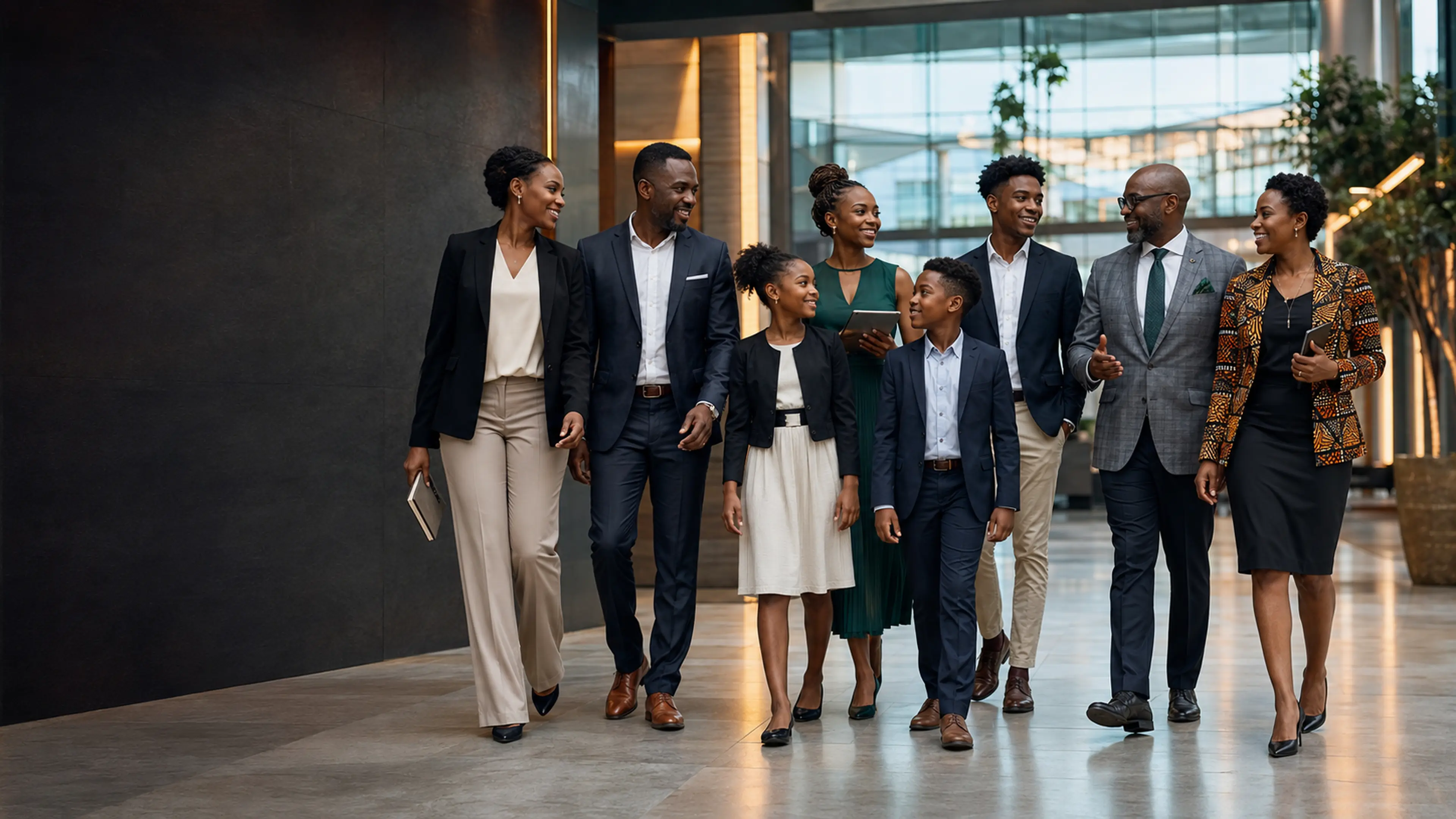 A gender- and age-balanced group of smartly dressed African children, parents, teachers, youth and professionals walking together in a modern conference venue