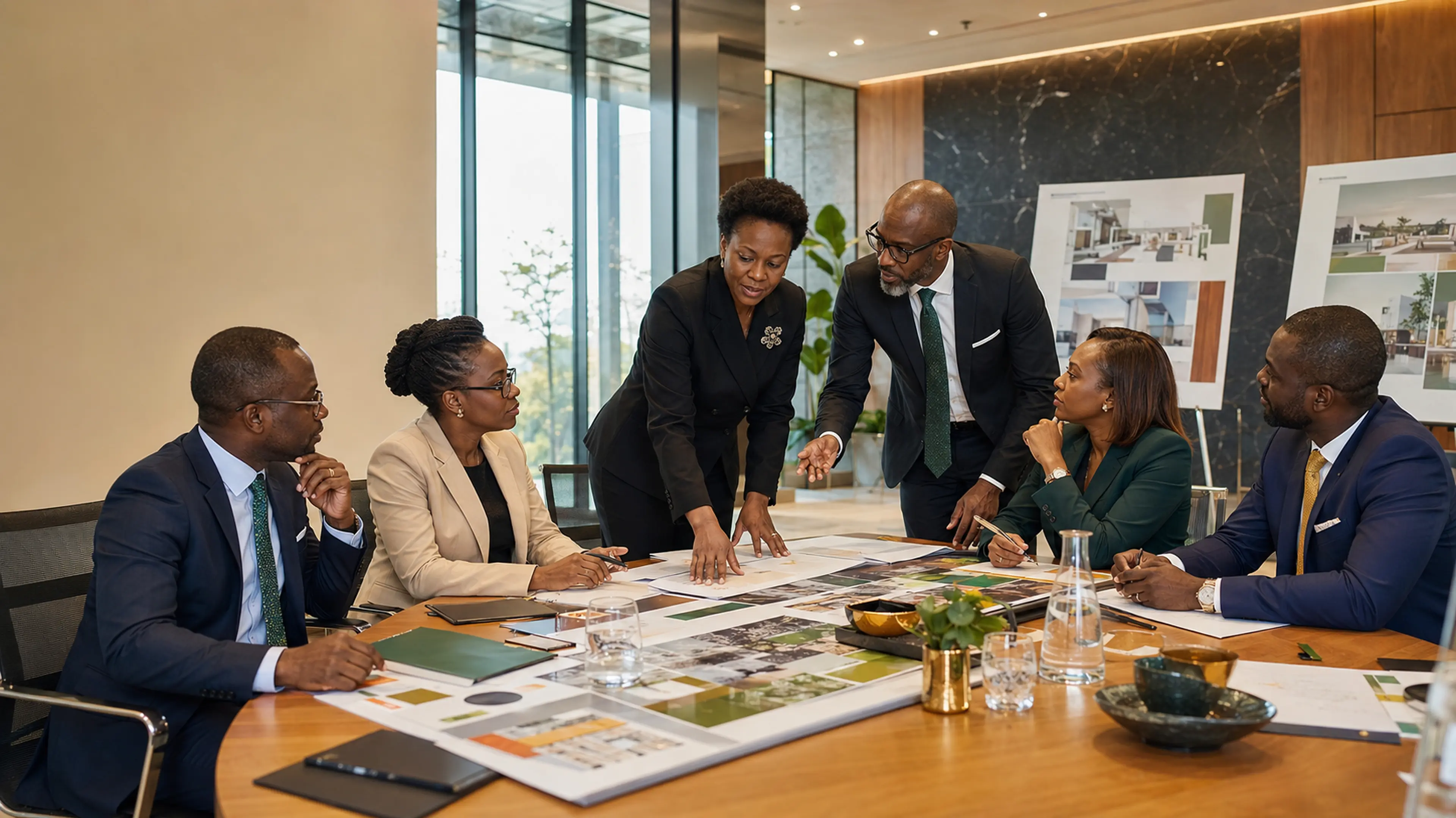 African institutional leaders co-designing a human-capital partnership in a modern strategy room