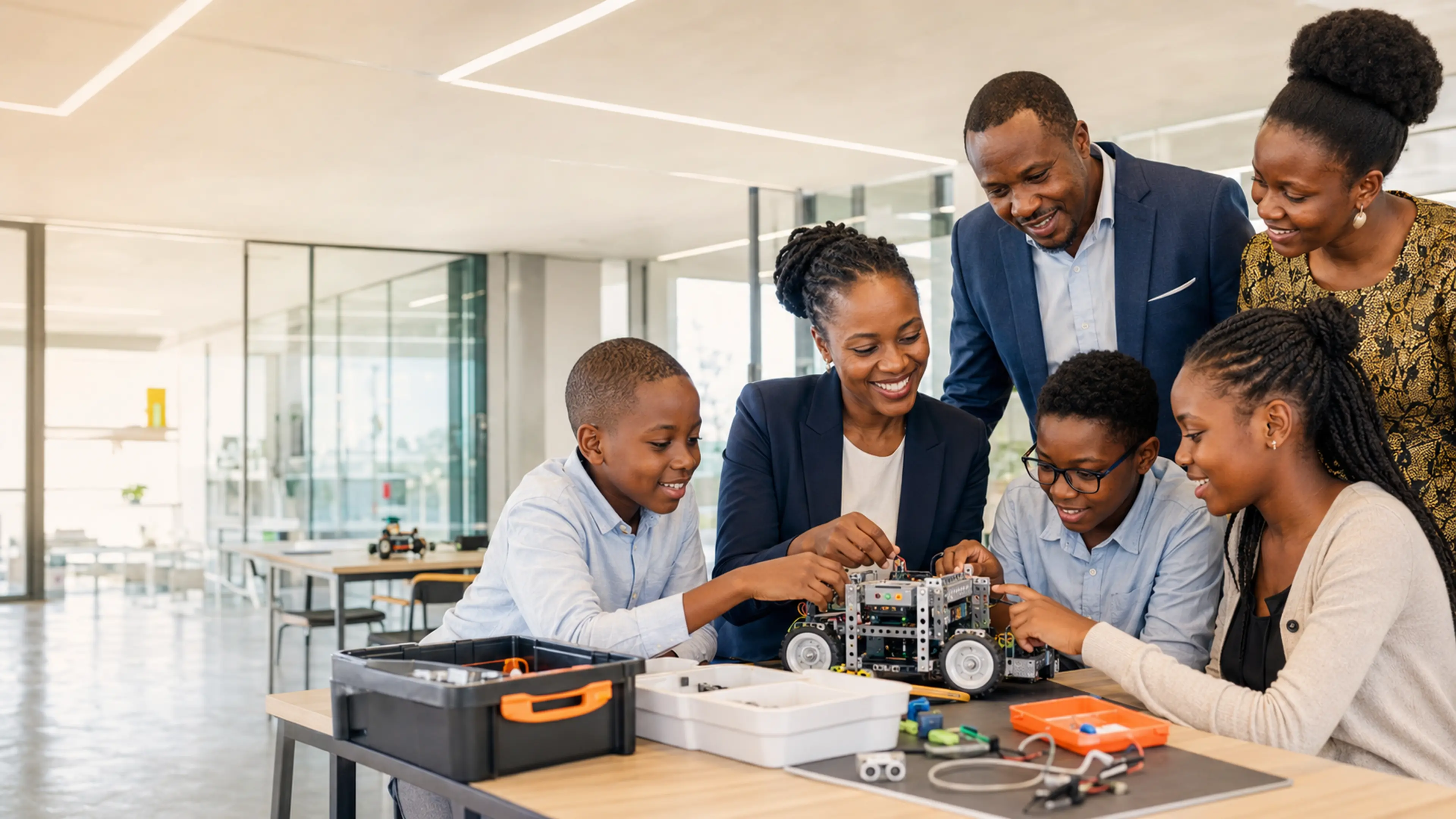 African children, parents and a teacher collaborating on a robot in a modern STEAM laboratory